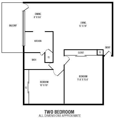 Floor plan for 2 beds, 1 bath, 720 sqft