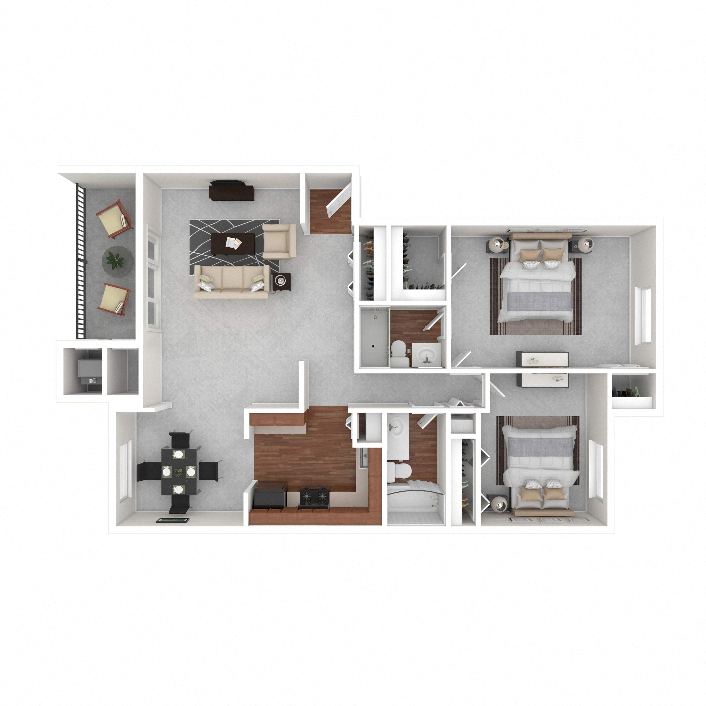 Floor plan for 2 beds, 2 baths, 1025 sqft