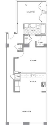 Floor plan for 1 bed, 1 bath, 1053 sqft