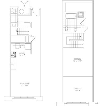 Floor plan for 1 bed, 1.5 baths, 1045 sqft