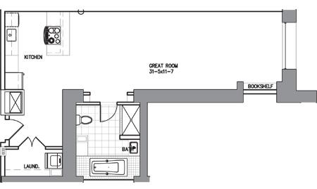 Floor plan for studio, 1 bath, 841 sqft