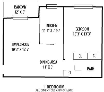 Floor plan for 1 bed, 1 bath, 651 sqft