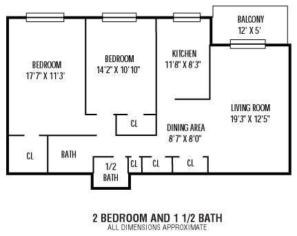 Floor plan for 2 beds, 1.5 baths, 794 sqft