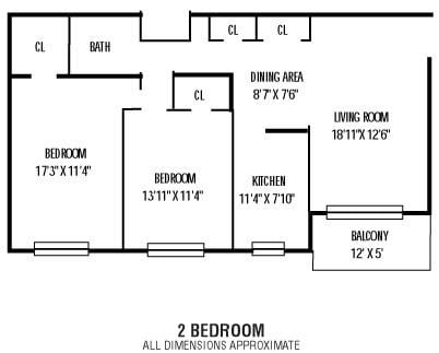 Floor plan for 2 beds, 1 bath, 771 sqft