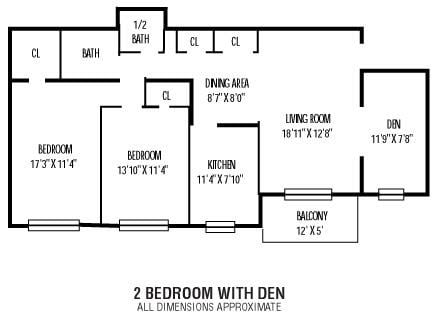 Floor plan for 2 beds, 1.5 baths, 870 sqft