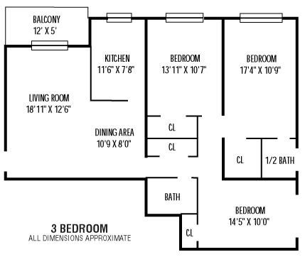 Floor plan for 3 beds, 1.5 baths, 940 sqft