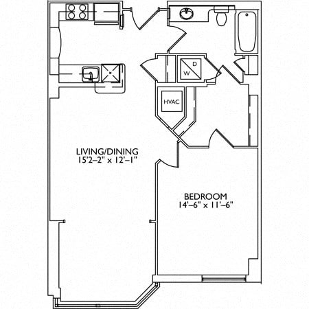 Floor plan for 1 bed, 1 bath, 799 sqft