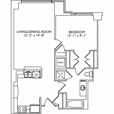 Floor plan for 1 bed, 1 bath, 976 sqft