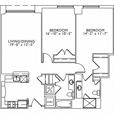Floor plan for 2 beds, 2 baths, 1041 sqft