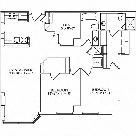 Floor plan for 2 beds, 2 baths, 1277 sqft