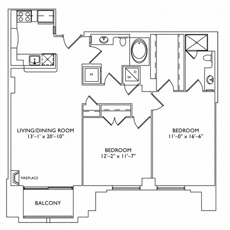Floor plan for 2 beds, 2 baths, 1312 sqft