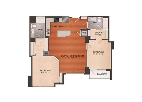 Floor plan for 2 beds, 2 baths, 1164 sqft
