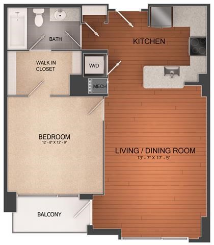 Floor plan for 1 bed, 1 bath, 804 sqft