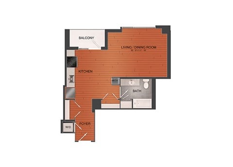 Floor plan for studio, 1 bath, 585 sqft