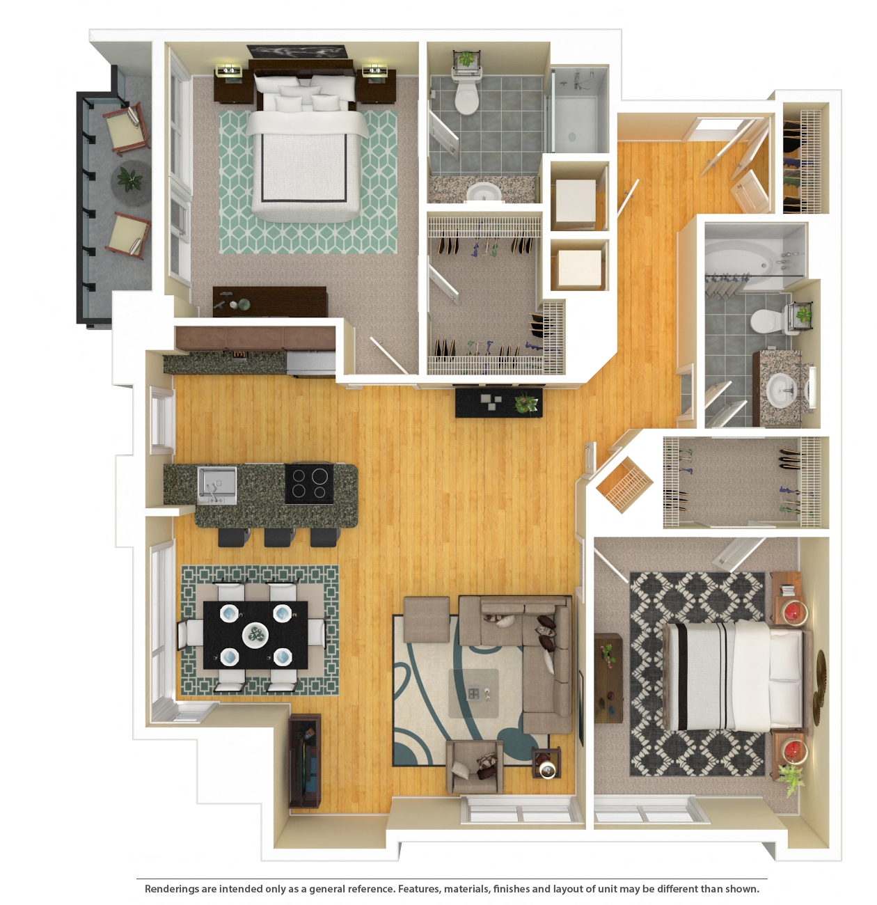 Floor plan for 2 beds, 2 baths, 1258 sqft