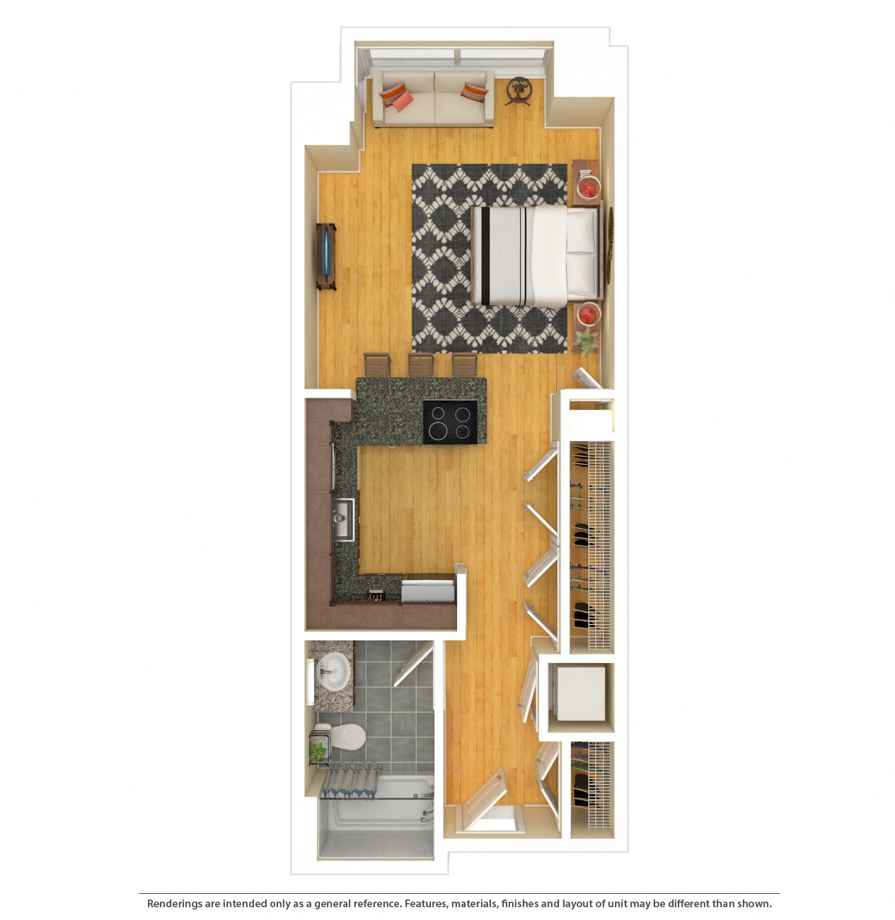 Floor plan for studio, 1 bath, 581 sqft