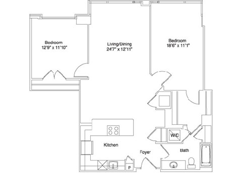 Floor plan for 2 beds, 1 bath, 1251 sqft