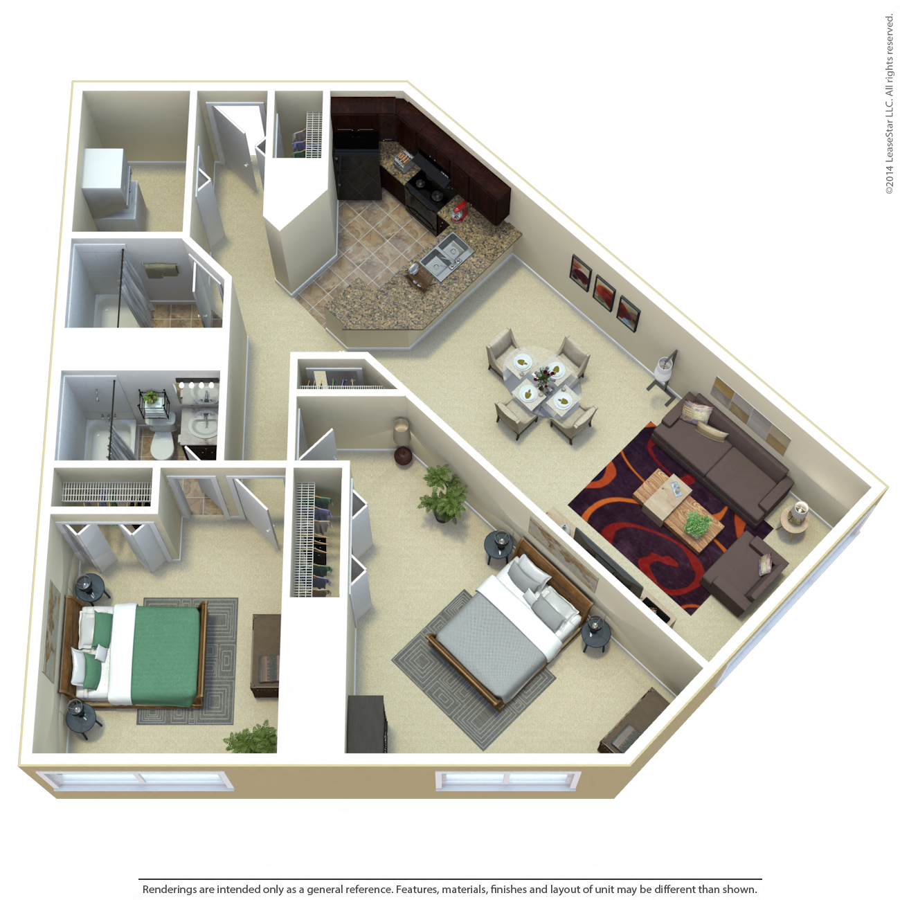 Floor plan for 2 beds, 2 baths, 1140 sqft