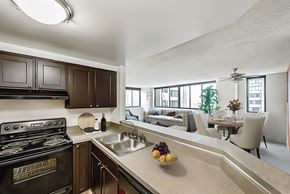 Baltimore apartment for rent - A kitchen with a black stove top oven and a counter top with a bowl of fruit on it.
