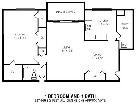 Floor plan for 1 bed, 1 bath, 865 sqft