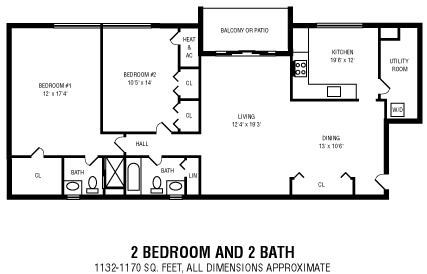 Floor plan for 2 beds, 2 baths, 1248 sqft
