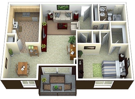 Floor plan for 1 bed, 1 bath, 918 sqft
