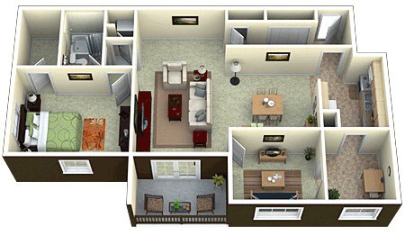 Floor plan for 1 bed, 1 bath, 934 sqft