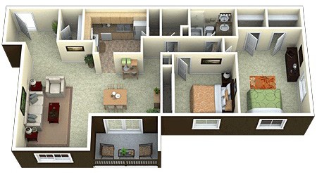 Floor plan for 2 beds, 1 bath, 1002 sqft