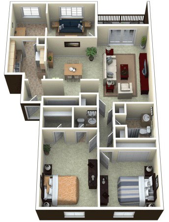 Floor plan for 2 beds, 2 baths, 1221 sqft