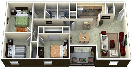 Floor plan for 3 beds, 2 baths, 1239 sqft