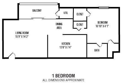 Floor plan for 1 bed, 1 bath, 512 sqft