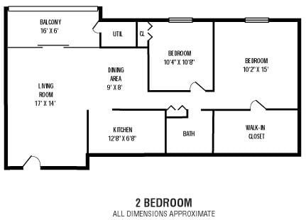 Floor plan for 2 beds, 1 bath, 756 sqft