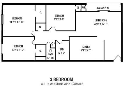 Floor plan for 3 beds, 1.5 baths, 1152 sqft