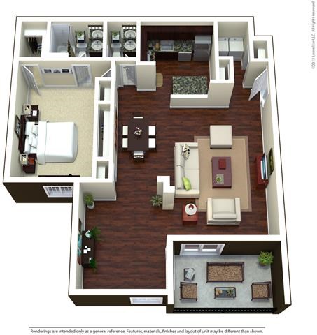 Floor plan for 1 bed, 1.5 baths, 1225 sqft