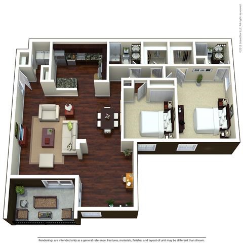Floor plan for 2 beds, 2 baths, 1550 sqft