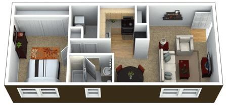 Floor plan for 1 bed, 1 bath, 600 sqft