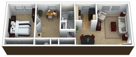 Floor plan for 1 bed, 1 bath, 700 sqft