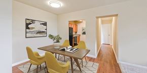 Silver Spring apartment for rent - a dining room with a wooden table and yellow chairs