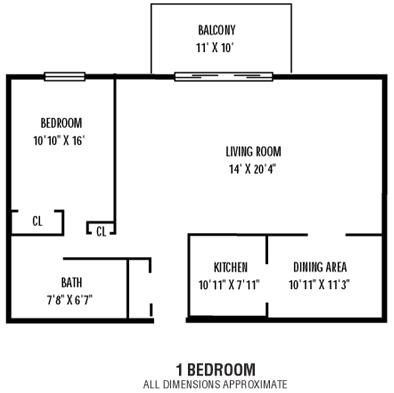Floor plan for 1 bed, 1 bath, 744 sqft