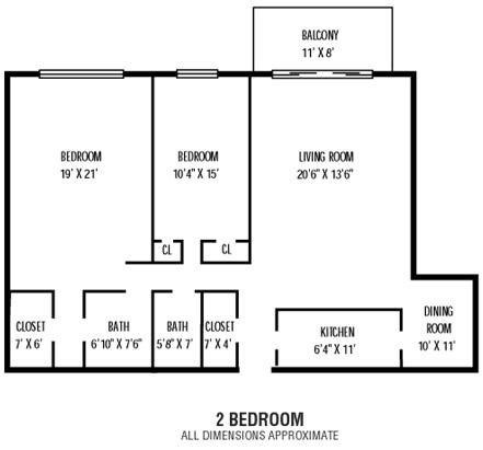 Floor plan for 2 beds, 2 baths, 1431 sqft