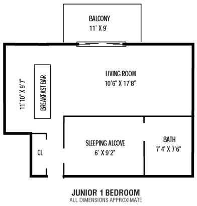 Floor plan for studio, 1 bath, 486 sqft