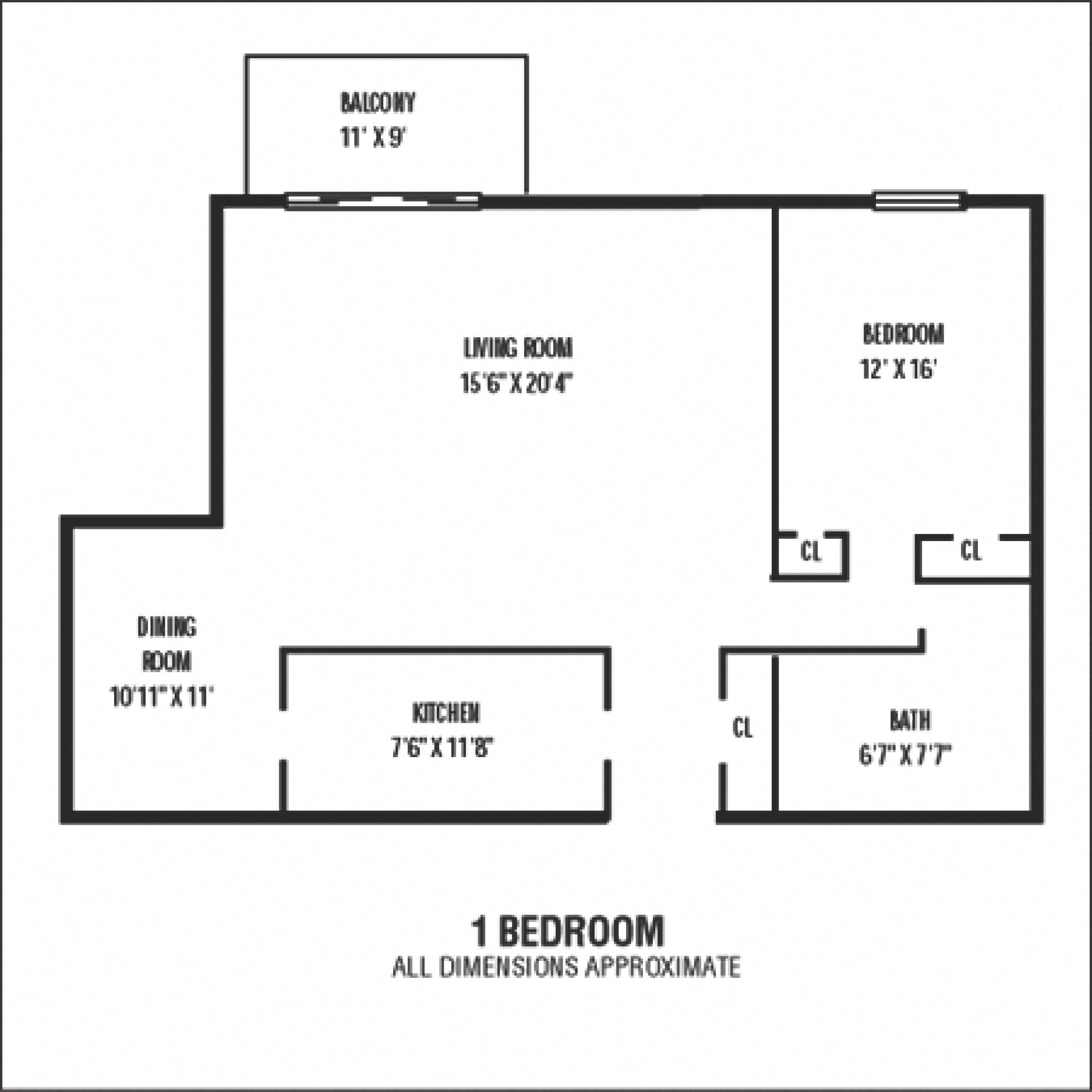 Floor plan for 1 bed, 1 bath, 920 sqft