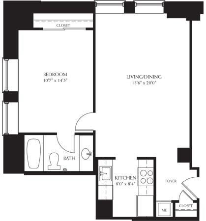Floor plan for 1 bed, 1 bath, 636 sqft
