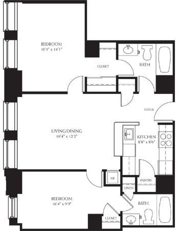 Floor plan for 2 beds, 2 baths, 865 sqft