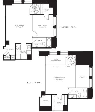 Floor plan for 2 beds, 2 baths, 1000 sqft