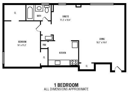 Floor plan for 1 bed, 1 bath, 790 sqft