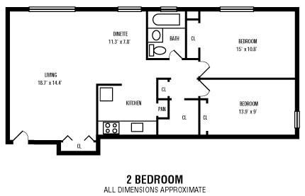 Floor plan for 2 beds, 1 bath, 950 sqft