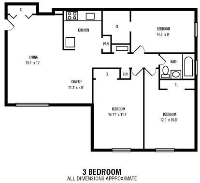 Floor plan for 3 beds, 1 bath, 1130 sqft
