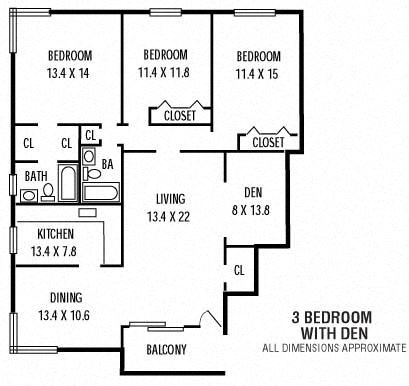 Floor plan for 3 beds, 2 baths, 1129 sqft