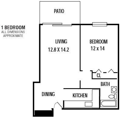 Floor plan for 1 bed, 1 bath, 404 sqft